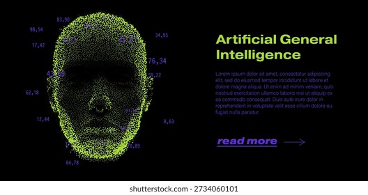 Futuristic cyberpunk vector illustration portraying a human head silhouette constructed from dense glowing green particle clouds with scattered blue numerical coordinates. Conceptual vector illustration for artificial general intelligence, AGI, machine learning, neural networks, and futuristic AI themes.