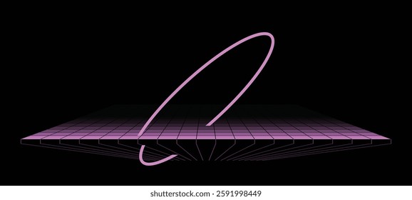 A futuristic, cyberpunk-inspired digital artwork featuring a glowing pink loop floating above a neon grid platform
