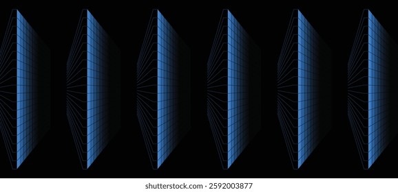 A futuristic, cyberpunk-inspired digital artwork featuring a series of tall, grid-like structures in a neon blue hue against a pitch-black background