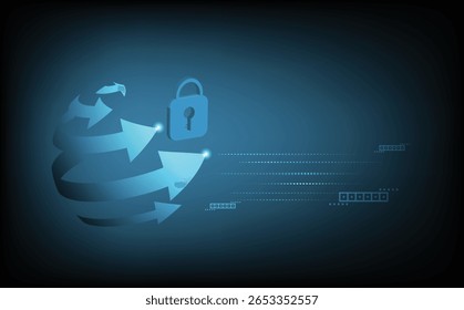 Globo abstracto futurista de la ciberseguridad con los iconos hexagonales de la cerradura digital en la esfera azul brillante, representando la red de datos segura, el sistema de encriptación, y el ciberespacio virtual moderno de la protección digital