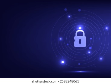 Futuristic Cybersecurity Background Blue Shield lock Icon for Digital Protection and Privacy. Abstract technology design, safeguarding business access against cyber attacks.