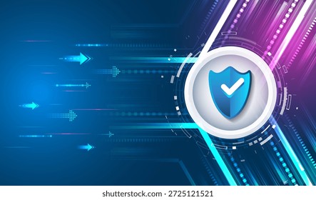 Ein futuristischer Hintergrund für Cybersicherheit mit einem leuchtenden Schild und dynamischen Datenströmen, die sichere Netzwerke, Datenschutz, digitale Sicherheit und fortschrittliche Online-Verteidigungstechnologie darstellen.