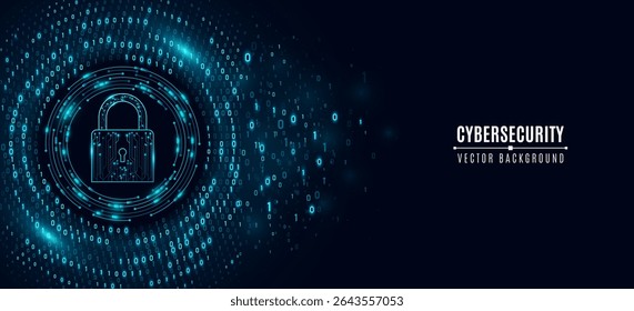 Futuristic cybersecurity concept featuring a glowing cyber padlock surrounded by binary code and digital circuit elements. Big data visualization on a dark hi-tech background. Vector illustration.