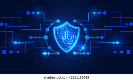 Ilustração futurista de segurança cibernética apresentando um escudo azul brilhante com uma digitalização de impressão digital dentro de uma rede digital. 