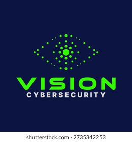 Logotipo futurista de segurança cibernética com um olho digital feito de pontos brilhantes e núcleo geométrico. Símbolo de tecnologia moderna para proteção de dados, segurança de rede, TI, visão digital e inovação.