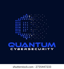 Logotipo futurista de segurança cibernética mostrando uma letra Q dentro de um escudo hexagonal formado por pontos digitais, representando estruturas de dados, sistemas de rede, TI, conceitos modernos de segurança cibernética em um fundo escuro.