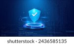 Futuristic Cybersecurity Shield Concept on Digital Background. Digital cybersecurity concept with a protective shield hologram over a circuit interface, symbolizing data protection. Secure service.