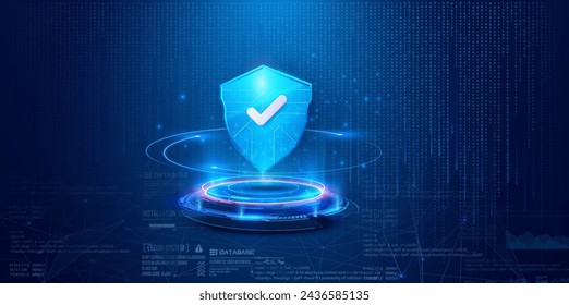 Futuristic Cybersecurity Shield Concept on Digital Background. Digital cybersecurity concept with a protective shield hologram over a circuit interface, symbolizing data protection. Secure service.