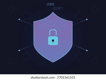 Escudo de segurança cibernética futurista com um ícone de cadeado no fundo escuro que simboliza a proteção de dados, privacidade on-line, criptografia e tecnologia de rede segura.