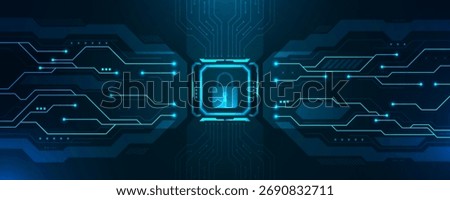 Futuristic cybersecurity technology background with glowing blue digital circuit lines and padlock icon representing data protection, privacy, encryption, and secure network systems.
