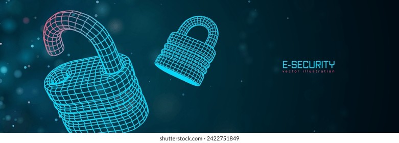 Futuristic cybersecurity vector illustration. Wireframe locks on blue blur background. Padlock technology, cybersecurity, and digital connection.