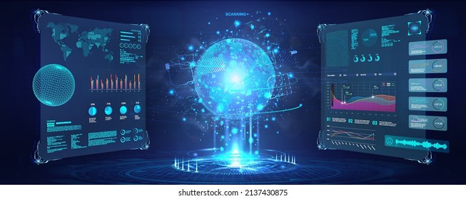 Futuristic cyberspace with dashboard elements HUD. 3D Earth Globe hologram in control center with UI Sci-fi. Military security system HUD. Earth Globe control center with Dashboard - tracking system