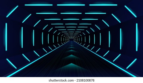 Futuristic cyberspace - highway. Deep corridor with neon lights. Speed motion background with glove and light effects. Futuristic Highway cyberspace for auto and spaceship. Vector background