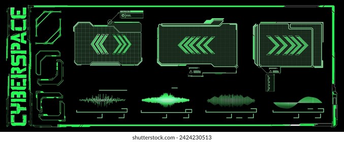 Interfaz ciberespacial futurista con elementos digitales verdes, visualización de datos y fondo de tecnología abstracta