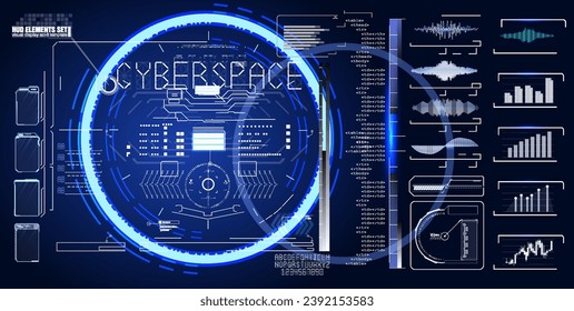 Futuristic cyberspace interface vector image featuring various data visualizations, graphs, and charts in a striking blue and black color scheme.