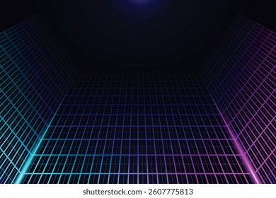 Futuristic cyberspace perspective rectangular tunnel. Grid tunnel geometry on black background	