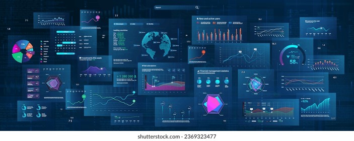 Futuristischer Cyberspace mit UI, HUD-Schnittstelle. Moderner Business Hintergrund mit Grafik, Grafik, Infografik, Big Data und Indikatoren. Business-HUD-Display. Wirtschaftlicher Hintergrund. Diagrammanalyse. Vektorgrafik