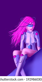 Futuristic cyborg woman in a robotic suit. Digital and artificial intelligence concept. Humanoid with pink hair in a glowing outfit.