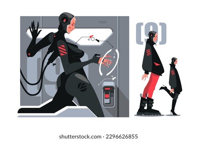 Futuristic cyborg woman wakes up from hyper-sleep, vector illustration. She is connected by wires and interacts with interface.