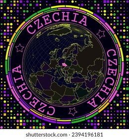 Futuristische Tschechische Republik auf der Welt. Helle Neonsatelitsicht auf die Welt zentriert auf die Tschechische Republik. Geografische Abbildung mit Form von Land und geometrischem Hintergrund.