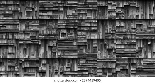 Futuristic damage texture of post-apocalyptic ruined city. Sci-Fi and cyberpunk technology concept. Digital destroyed pixel glitch noise. Abstract spaceship surface panels wall. Vector illustration