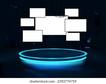 Futuristic, dark 3D cyberpunk studio with neon round platform, monitors and screens. Hacker room in a dark studio, with an empty podium, neon, glare, glow for presentation, show product. 3D platform