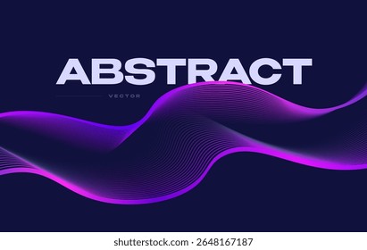 Futuristic dark abstract background with vibrant violet and pink glowing waves on a deep navy backdrop. Perfect for modern digital posters, tech presentations, or music visuals. Vector horizontal temp