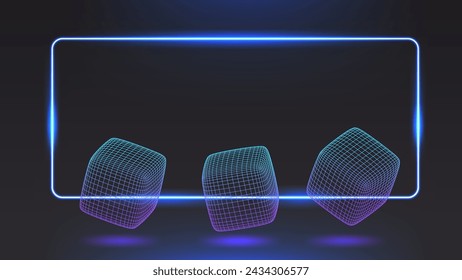 Fondo oscuro futurista con marco de neón azul y cubos de alambre. Copiar ilustración vectorial de espacio