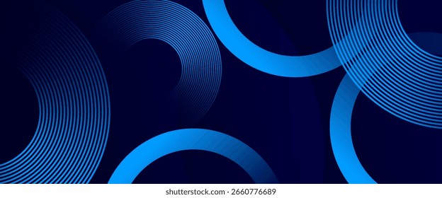 Futuristic dark background with dynamic blue circular arcs and gradient lines. Ideal for tech, business, or modern digital designs.