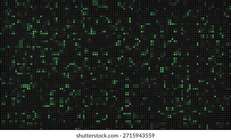 Fundo escuro futurista com pontos verdes iluminados que sugerem um fluxo de dados digitais fluindo ou grade de matriz de tecnologia