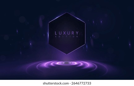 Futuristic dark background with hexagon and glowing purple rings. Suitable for premium design, interfaces, packaging and advertising of luxury brands.