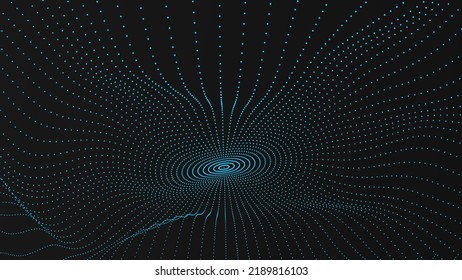 Futuristic dark background. The wave effect of a web of blue dots. Big data. Illustration of technologies and artificial intelligence. The effect of particle oscillation. EPS 10.