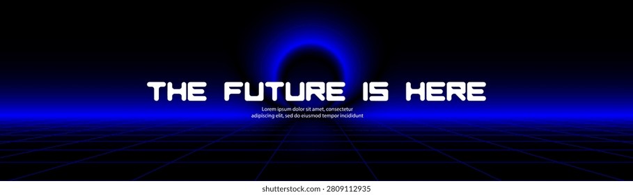 Futuristic dark banner template with blue glowing arch portal and wireframe grid floor, sci-fi cyberpunk web header with text placeholder