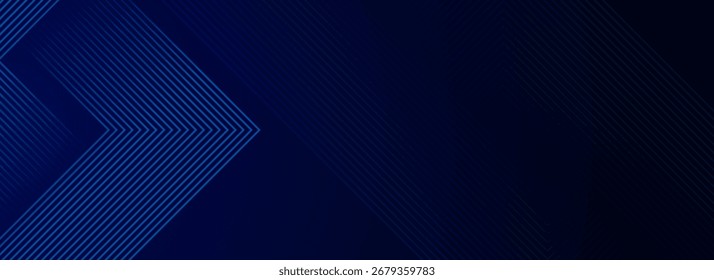 Futuristic dark blue abstract background with glowing overlapping triangle lines, modern shiny geometric pattern ideal for technology designs.