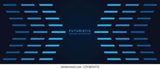 Futuristic Dark Blue Abstract Technology Background. Hi-Tech Horizontal Dashed Lines and Arrows for Speed and Data Flow. Digital Communication, Connection, and Modern Internet Web Banner