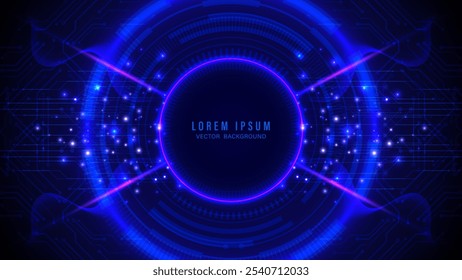 Futuristic dark blue background with circular and circuit patterns. The center is a glowing ring of light, emitting radiant blue and purple beams, with shiny sparkling effects. Vector illustration