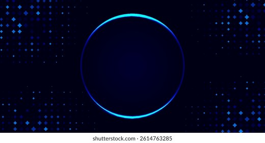 Futuristic dark blue background with glowing circular frame and abstract dotted pattern.