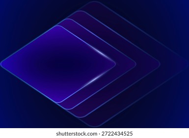 Fundo azul escuro futurista com quadrados arredondados roxos brilhantes. Design moderno de alta tecnologia com camadas de vidro luminoso para apresentação digital ou conceito de segurança cibernética. Design vetorial