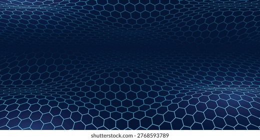 Futuristic dark blue honeycomb wave background. Digital hex grid with 3D perspective for technology, cybersecurity, and data science branding.