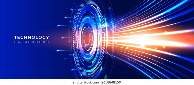Fondo futurista de tecnología azul oscuro con rayas de luz dinámica de interfaz HUD brillante. Abstractas diseño de Vector digital para la innovación, presentación, Anuncio de Web.