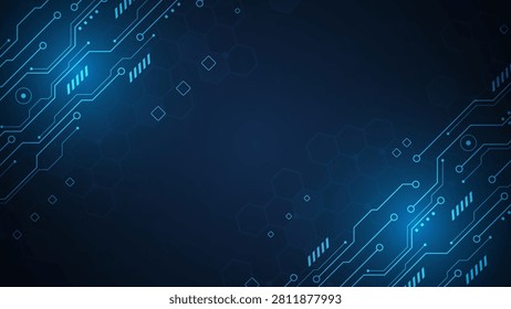 A futuristic dark blue vector background design featuring luminous cyan circuit board lines dots and faint hexagon patterns on the corners leaving a clean empty space in the center for text layout