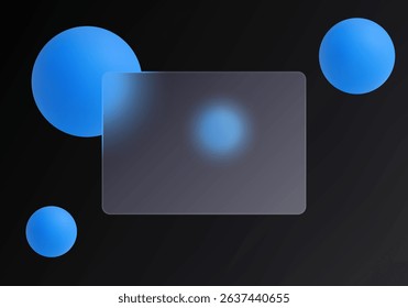 Futuristic dark glass morphism style card design with translucent bank card and vibrant blue 3D spheres.