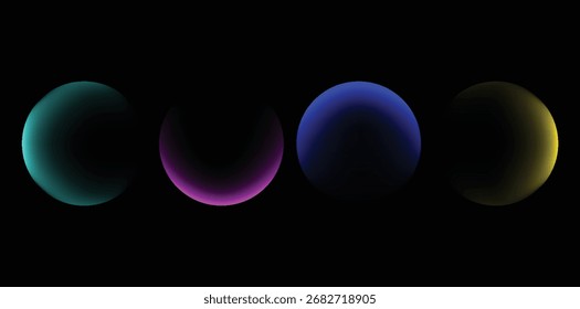 Esferas de gradiente oscuro futuristas que brillan en verde azulado, magenta, azul y amarillo sobre un fondo negro. Diseño abstracto mínimo con efecto de orbe 3D de neón para el arte digital moderno, carteles, marca y creati