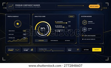 Futuristic dark interface banner with yellow analytics gauge, profile module, system badges, status controls and data panels in sleek HUD style