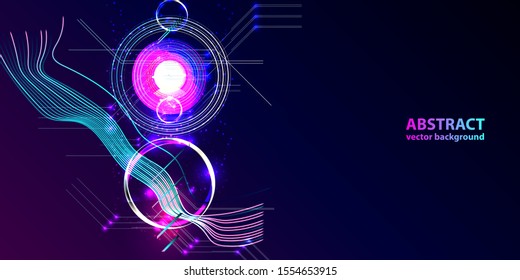 Futuristic dark neon abstraction background cosmos starry sky glowing galaxy and planets blue circles