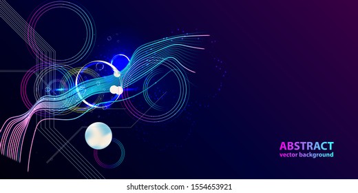 Futuristic dark neon abstraction background cosmos starry sky glowing galaxy and planets blue circles
