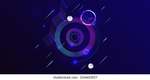 Futuristic dark neon abstraction background cosmos starry sky glowing galaxy and planets blue circles