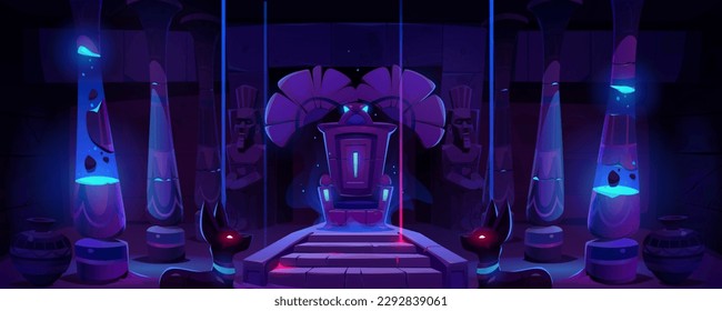 Futuristic dark pharaoh throne room with neon blue light. Vector cartoon illustration of antique palace with guard and anubis statues, cracked stone pillars and ancient vases. Mystique temple interior