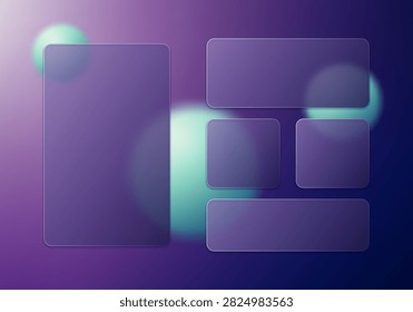 Futuristic dark purple web presentation with vertical glass sidebar, toolbar widgets, and soft glowing mint blue bokeh spheres.