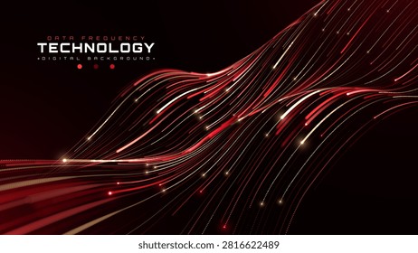 Futuristic Dark Red Gold Light Dot Particle Curve Flow Graphic Design Generates Smart Data Frequency Technology Presenting Fast Wave Future Science Computer Network. Vector Illustration.